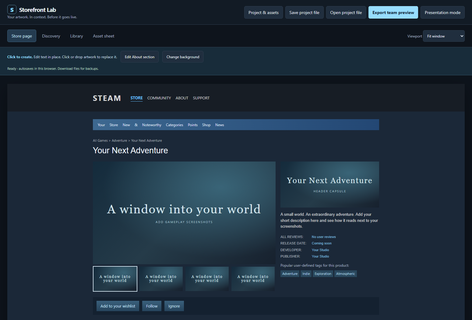 Actual Storefront Lab Studio interface showing project controls, four preview views and an empty sample game store page